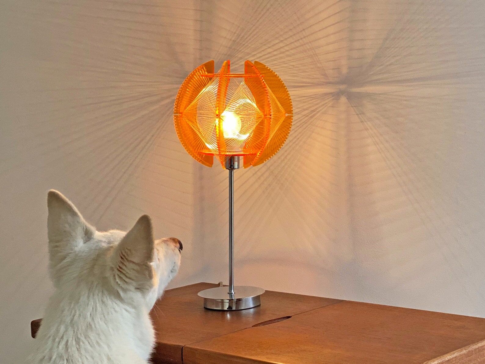Space Age acrylic table lamp with a nylon wire thread & orange acrylic shade