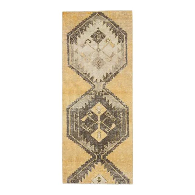 Vintage Turkish Hand-Knotted Wool Cotton Yellow Runner Rug 81x204