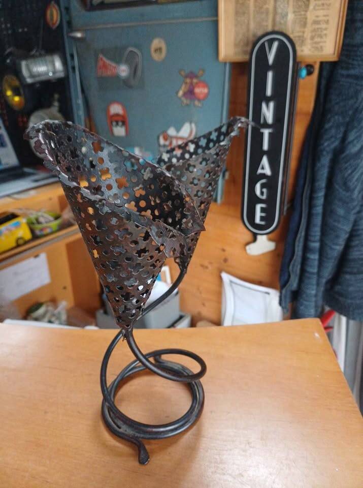 Vintage double candle holder in perforated metal – 60s/70s style