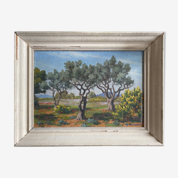 Tableau HSP Paysage aux "Oliviers et genêts" par Raymond Goubert + cadre