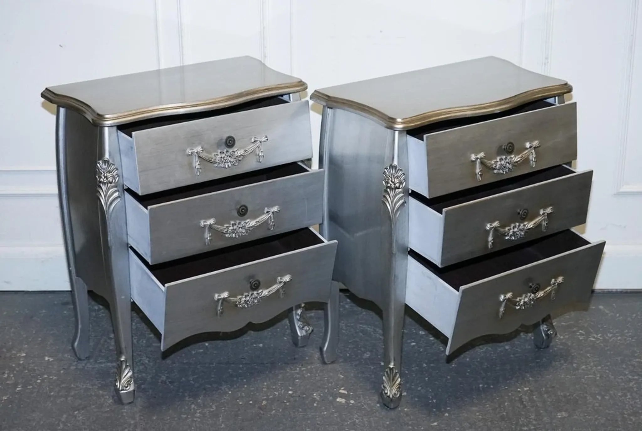 Baroque Grey Silver 3-Drawer Bedside Tables, Set of 2