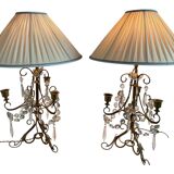Pair of lamps, 3-light candlesticks, shabby chic, glass tassels, pendants, pleated fabric lampshade