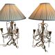 Paire lampes, bougeoirs 3 feux, shabby chic, pampilles en verre, pendeloques, abat-jour tissu plissé