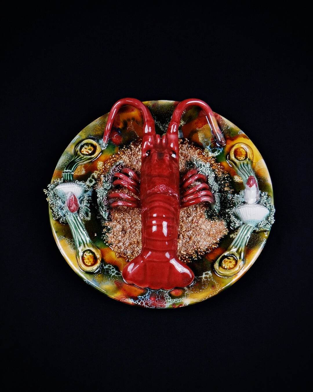 Lobster plate in Caldas da Rainha earthenware slip Palissy majolica