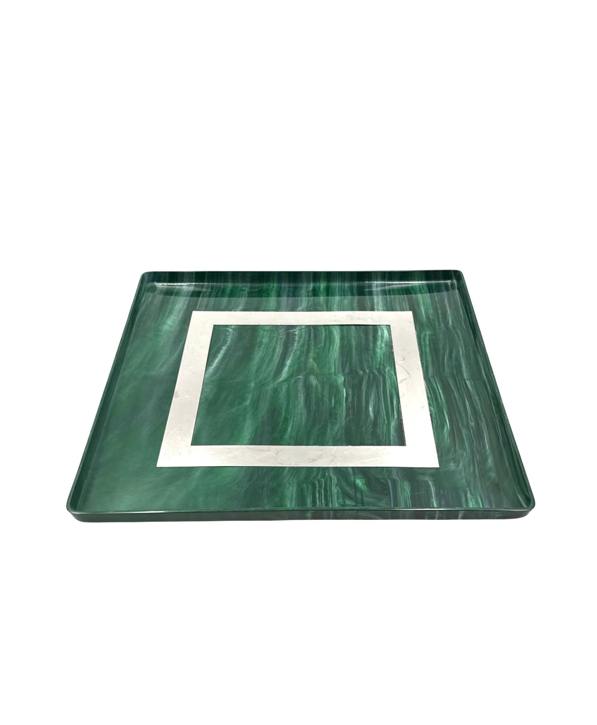 Hollywood regency malachite effect resin & brass tray, Italy 1970s