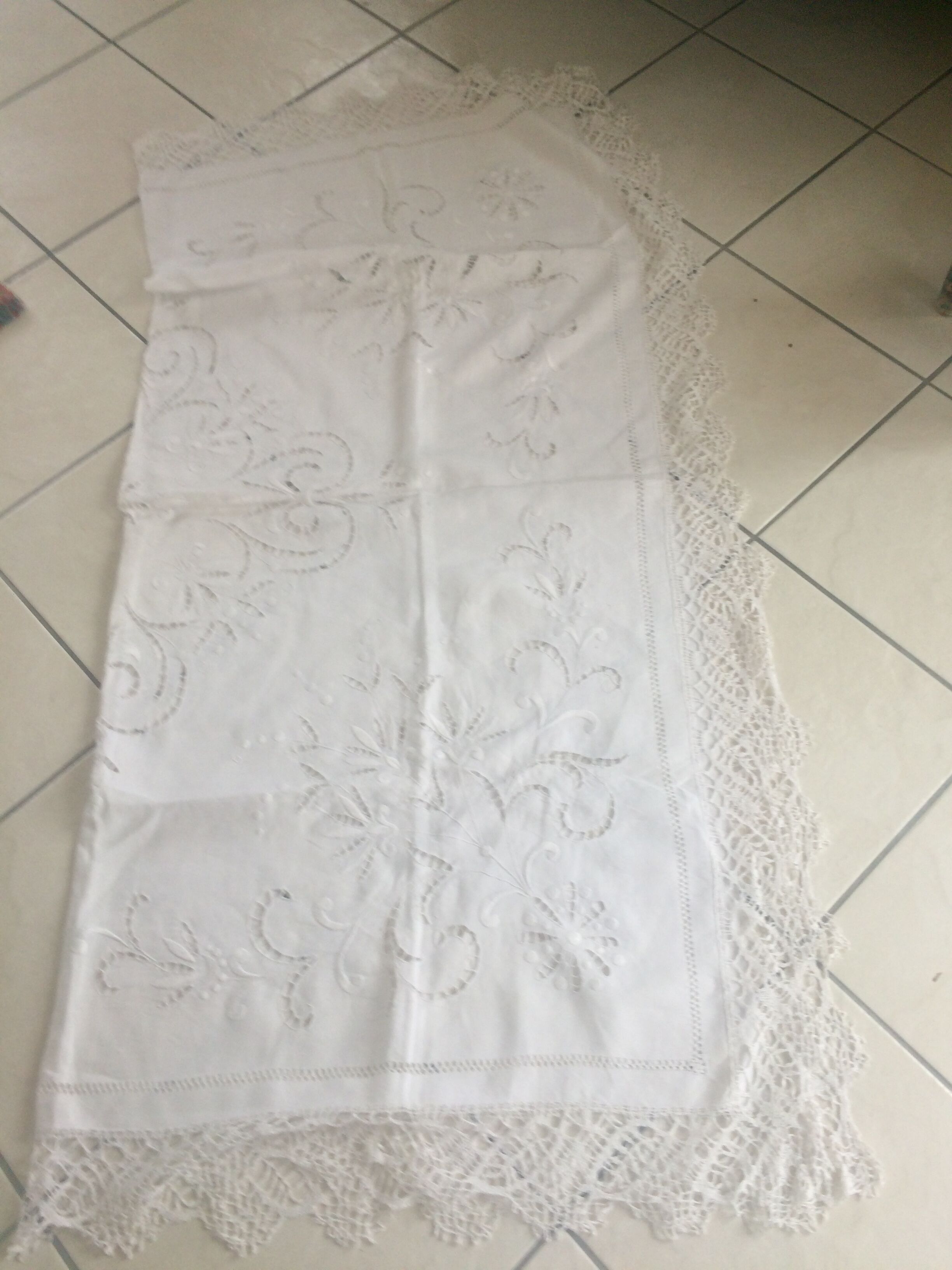 Old tablecloth with embroidery and handmade lace