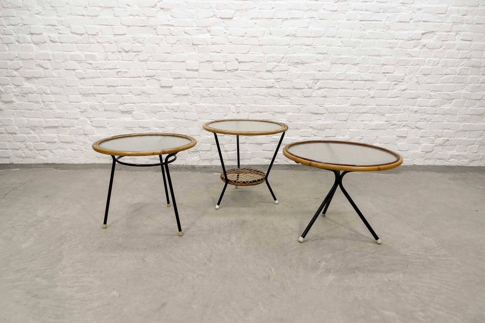 Mid-Century Set of Three Round Rattan and Glass Side Tables, 1960s