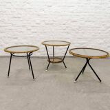 Mid-Century Set of Three Round Rattan and Glass Side Tables, 1960s