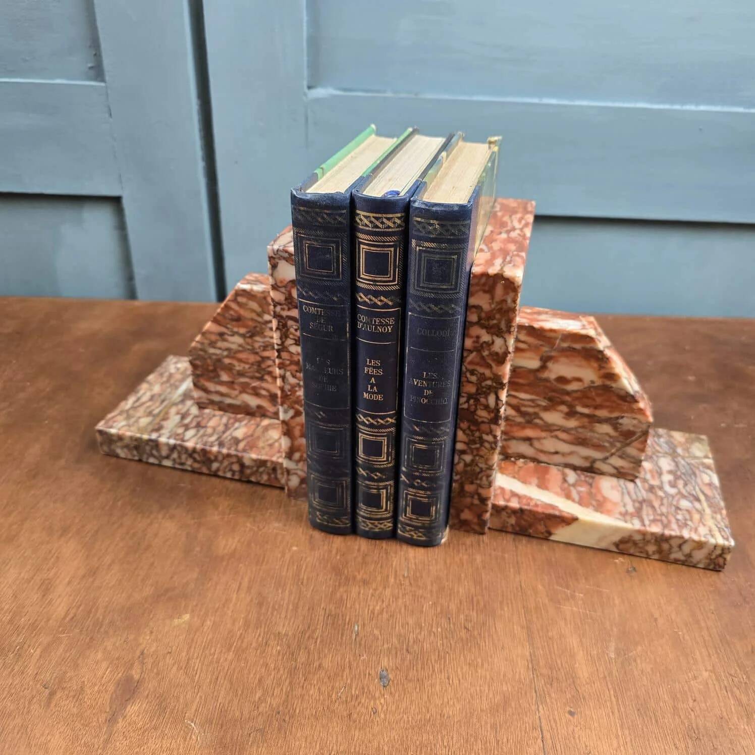 Antique pink marble bookends – Vintage Art Deco pair