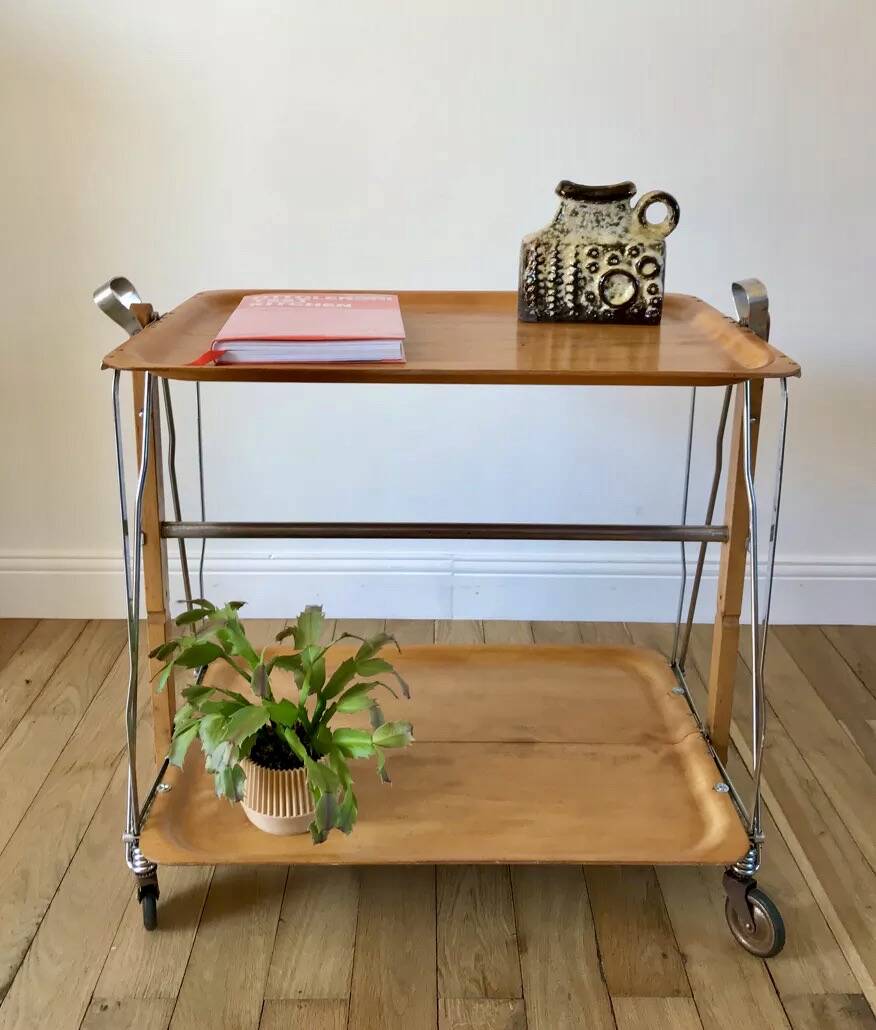 Metal trolley in beech wood and metal upright from the 60s
