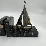 Sailboat bookends in marble and bronze, Art Deco