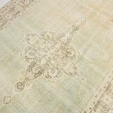Tapis Anatolien Vintage Fait Main en Laine, Tons Vert Pâle, Beige, Ivoire