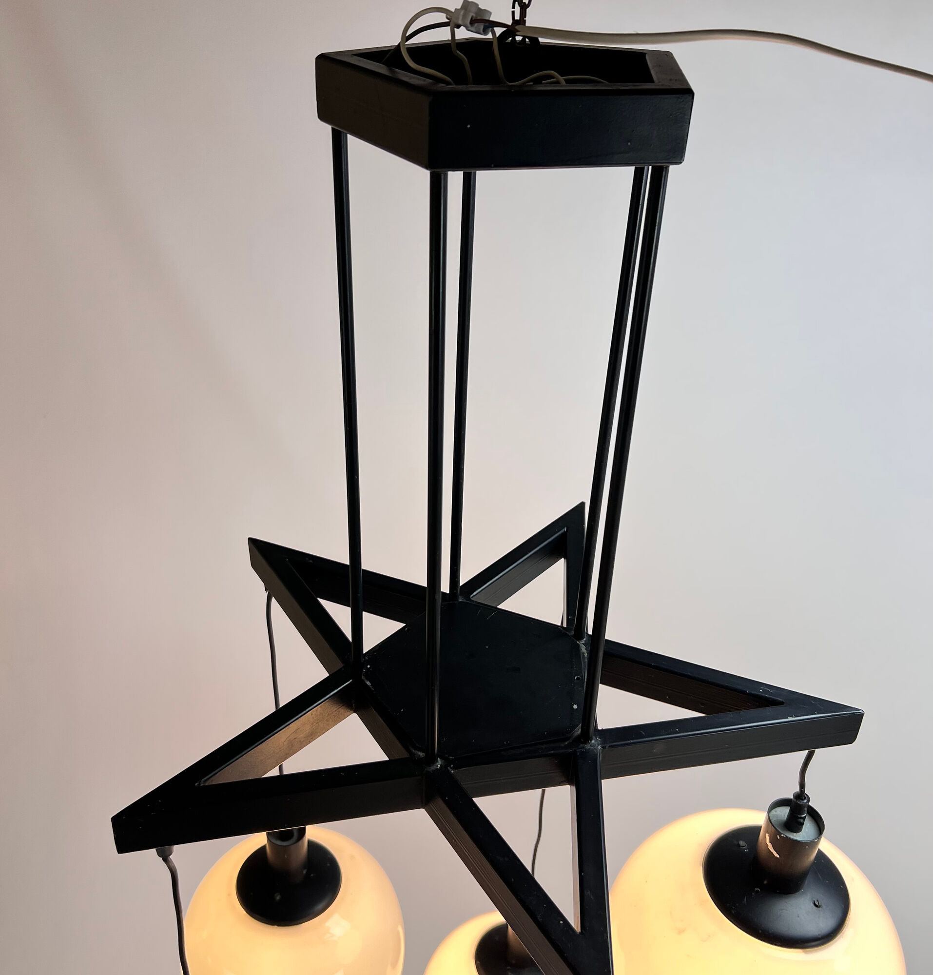 Mid century hanging lamp with 5 white bols, 1970s