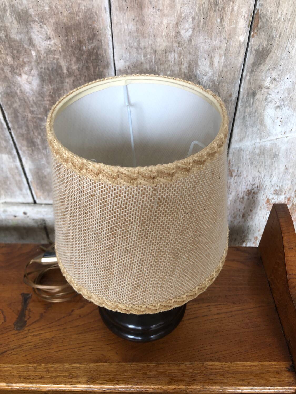 Old Brown Molded Glass Lamp + Beige Lampshade 70's Vintage #A832