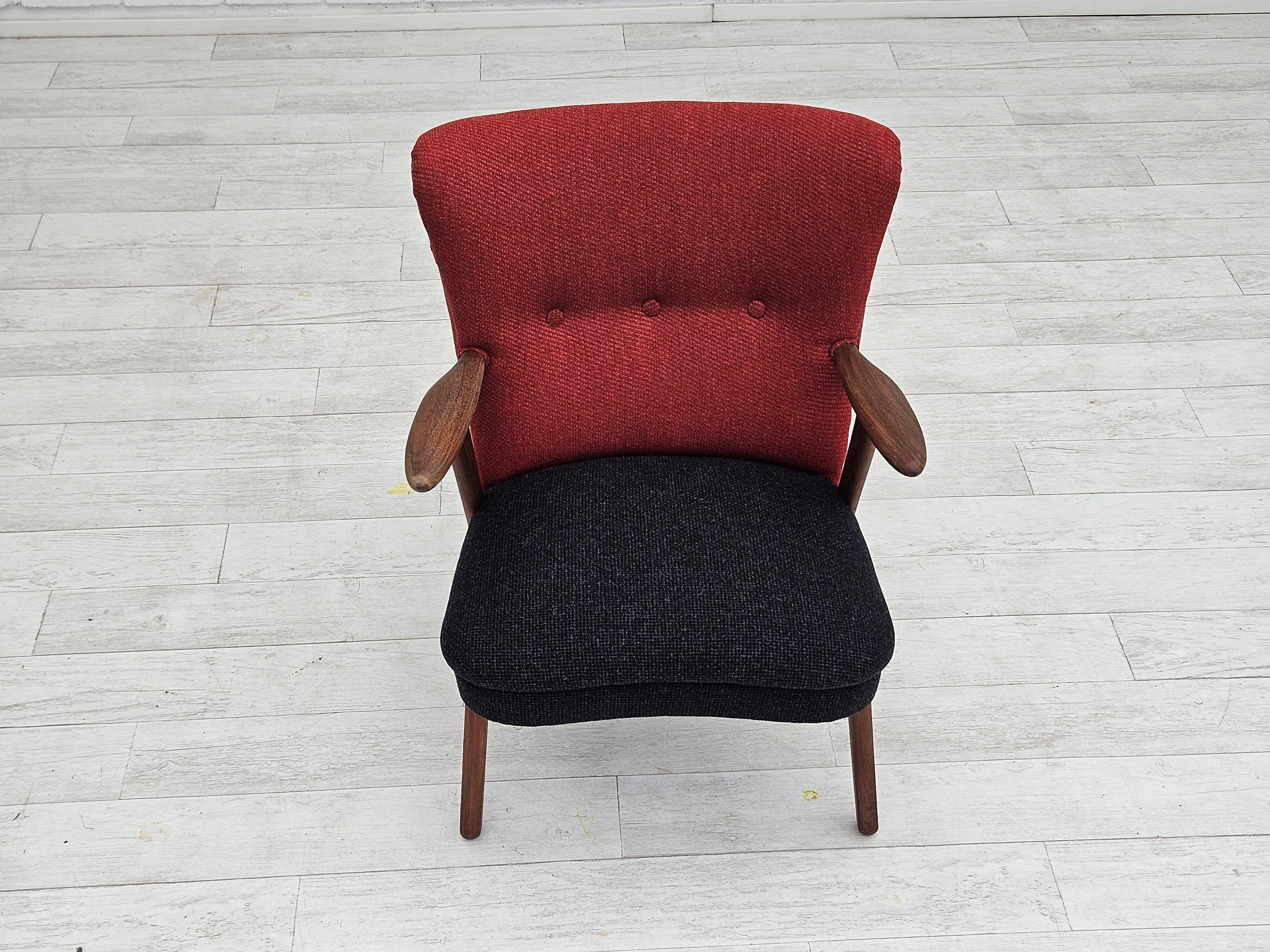 1960s, Danish design by Erhardsen & Andersen, reupholstered armchair, furniture wool, teak wood.