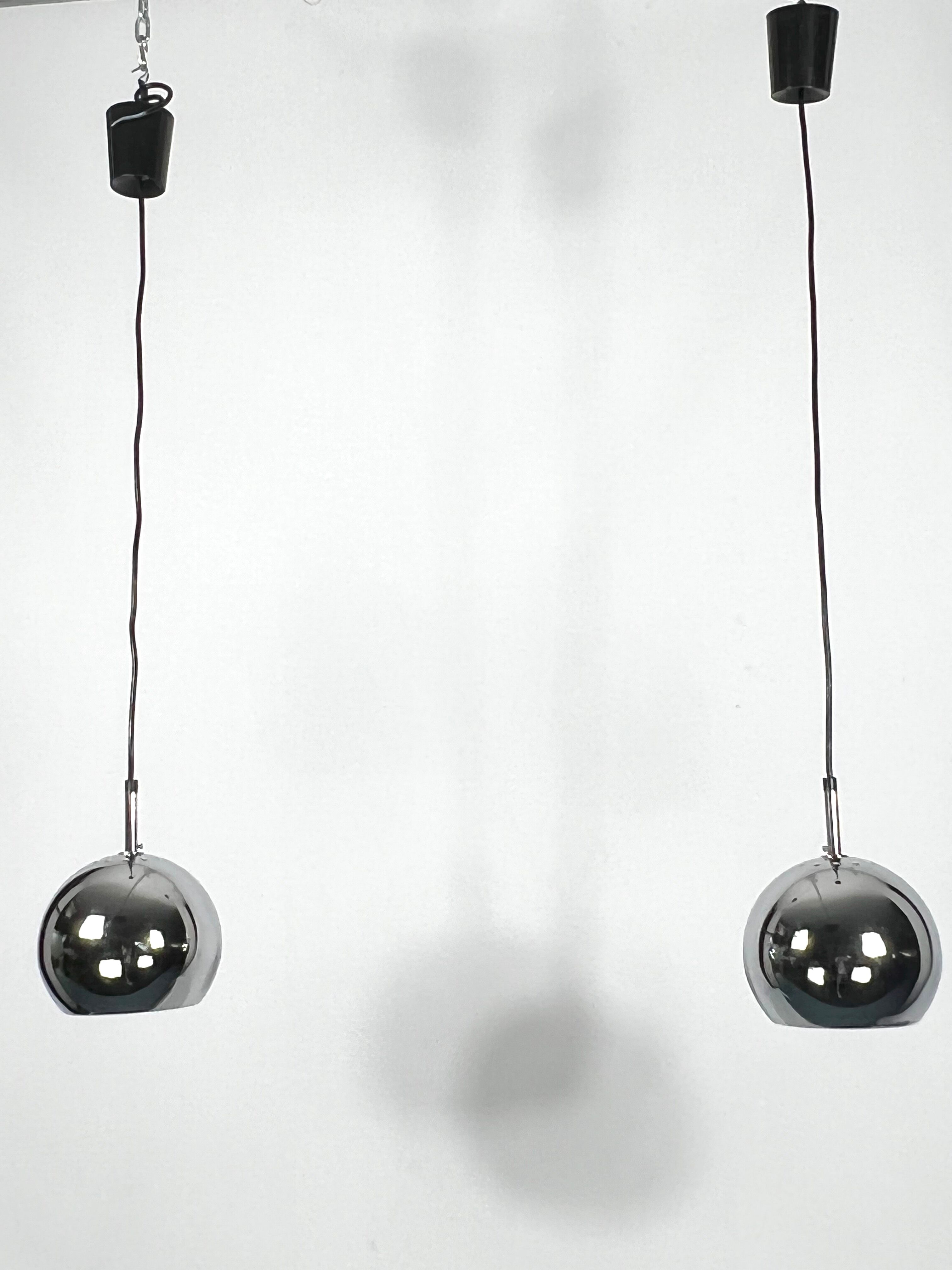 Targetti, set of two chrome sphere pendant lamps from 70s