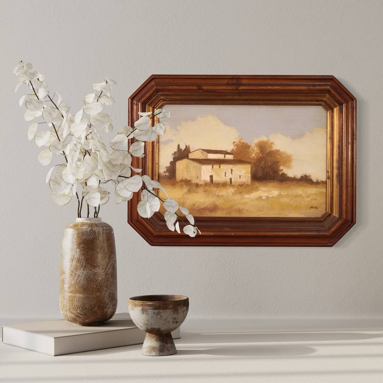 Signed painting landscape with a small house from the 20th century