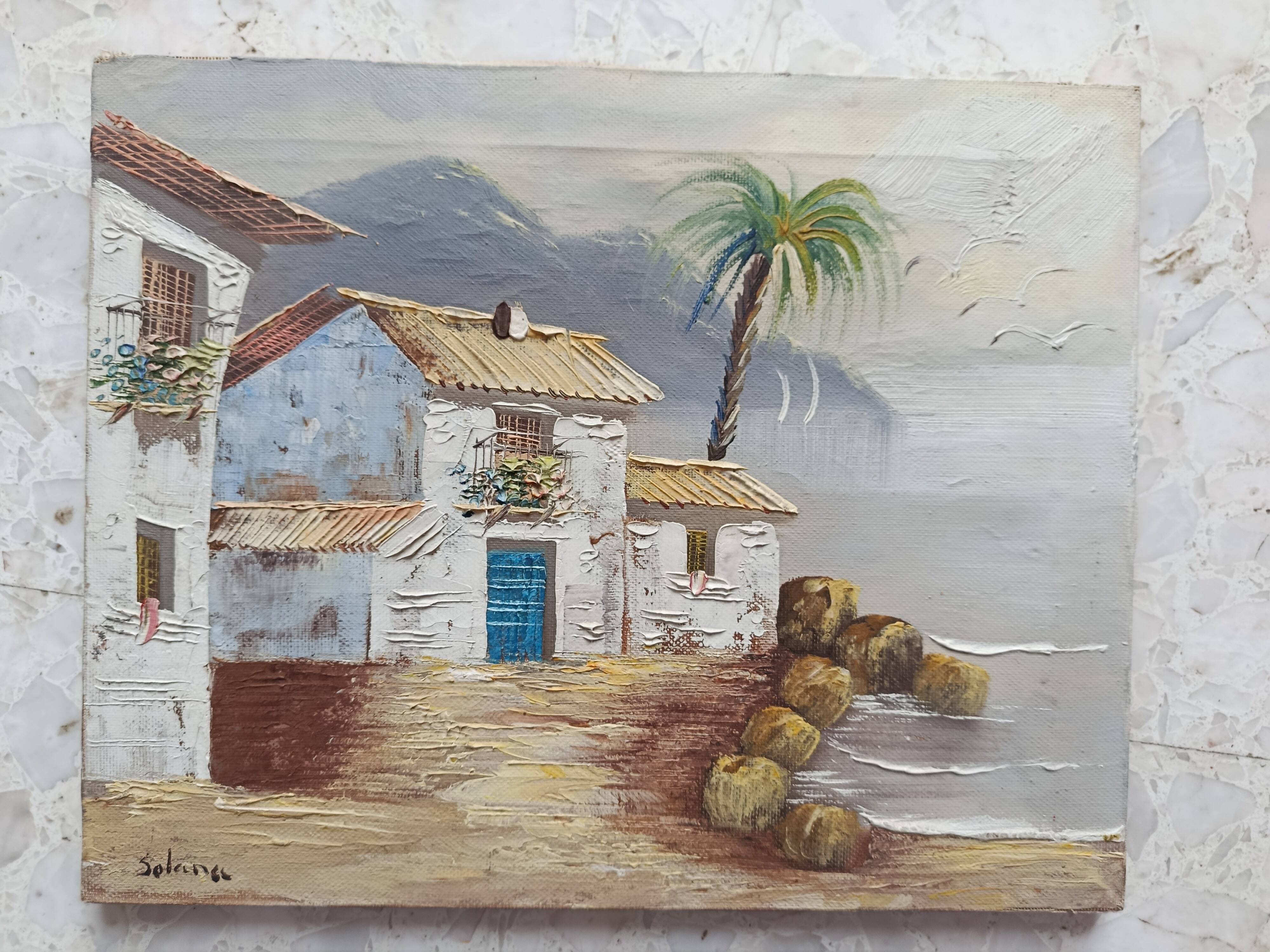 Hst 20th century signed solana: fishermen's houses, palm tree, tenerife, canary islands, spain