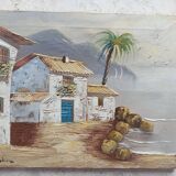 Hst 20th century signed solana: fishermen's houses, palm tree, tenerife, canary islands, spain