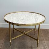 Neoclassical style round coffee table in brass with a white Carrara marble top from Jansen