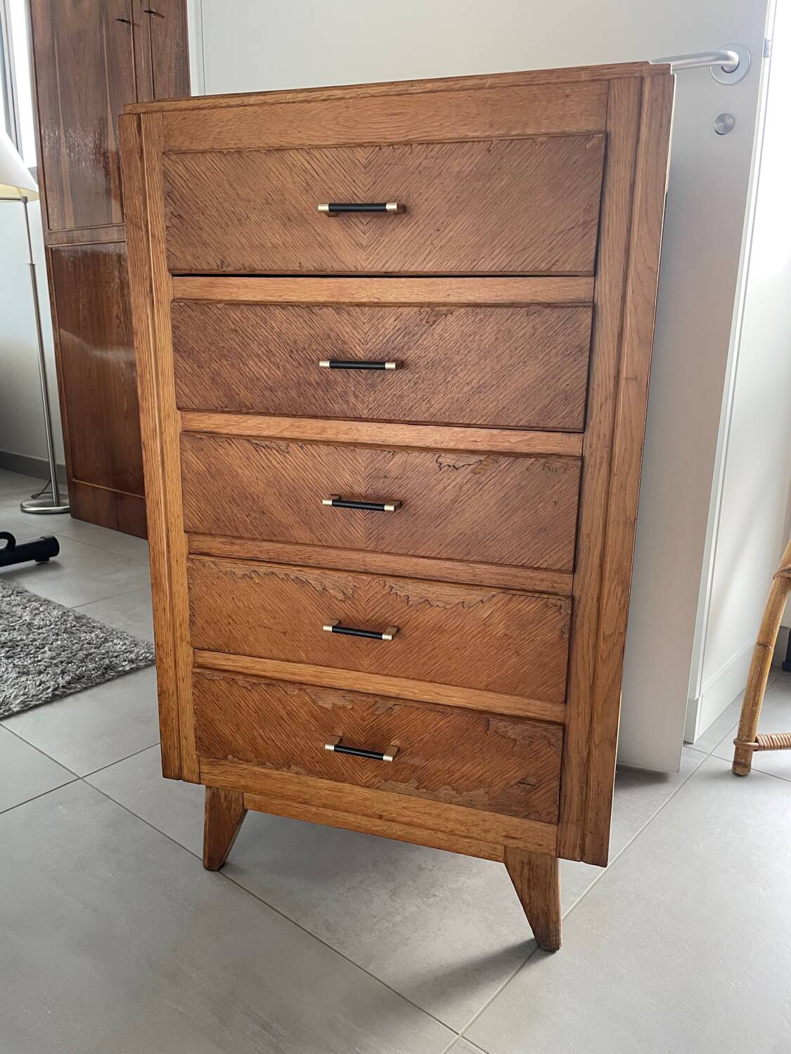 High chest of drawers with 5 drawers, vintage oak, 1950s