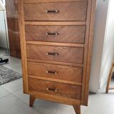 High chest of drawers with 5 drawers, vintage oak, 1950s