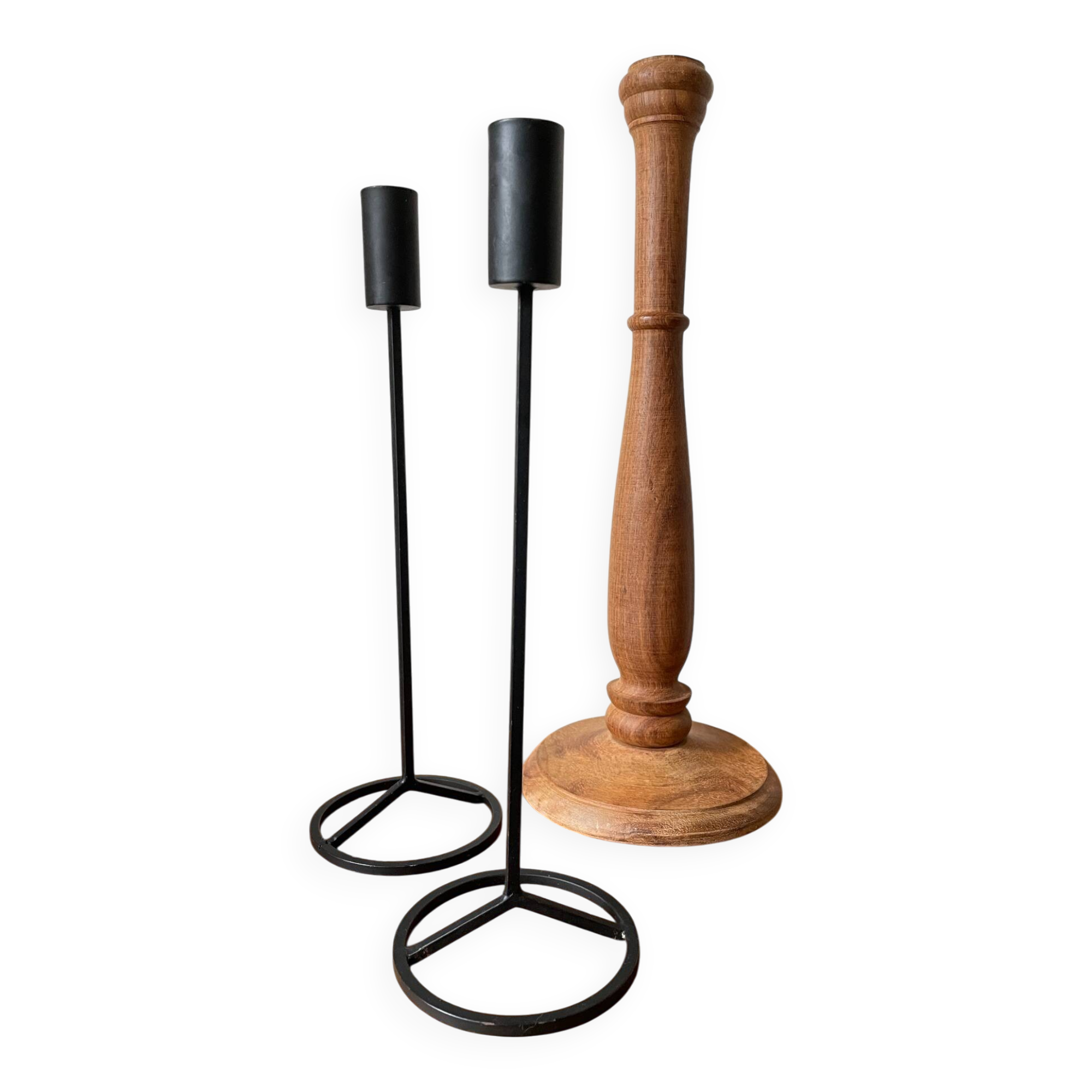 Trio of Vintage Teak and Steel Candlesticks