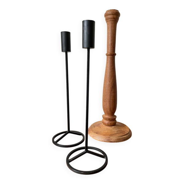 Trio de bougeoirs en teck et acier vintage — Beyit