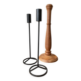 Trio of Vintage Teak and Steel Candlesticks