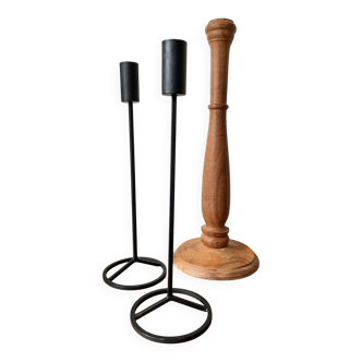 Trio of Vintage Teak and Steel Candlesticks