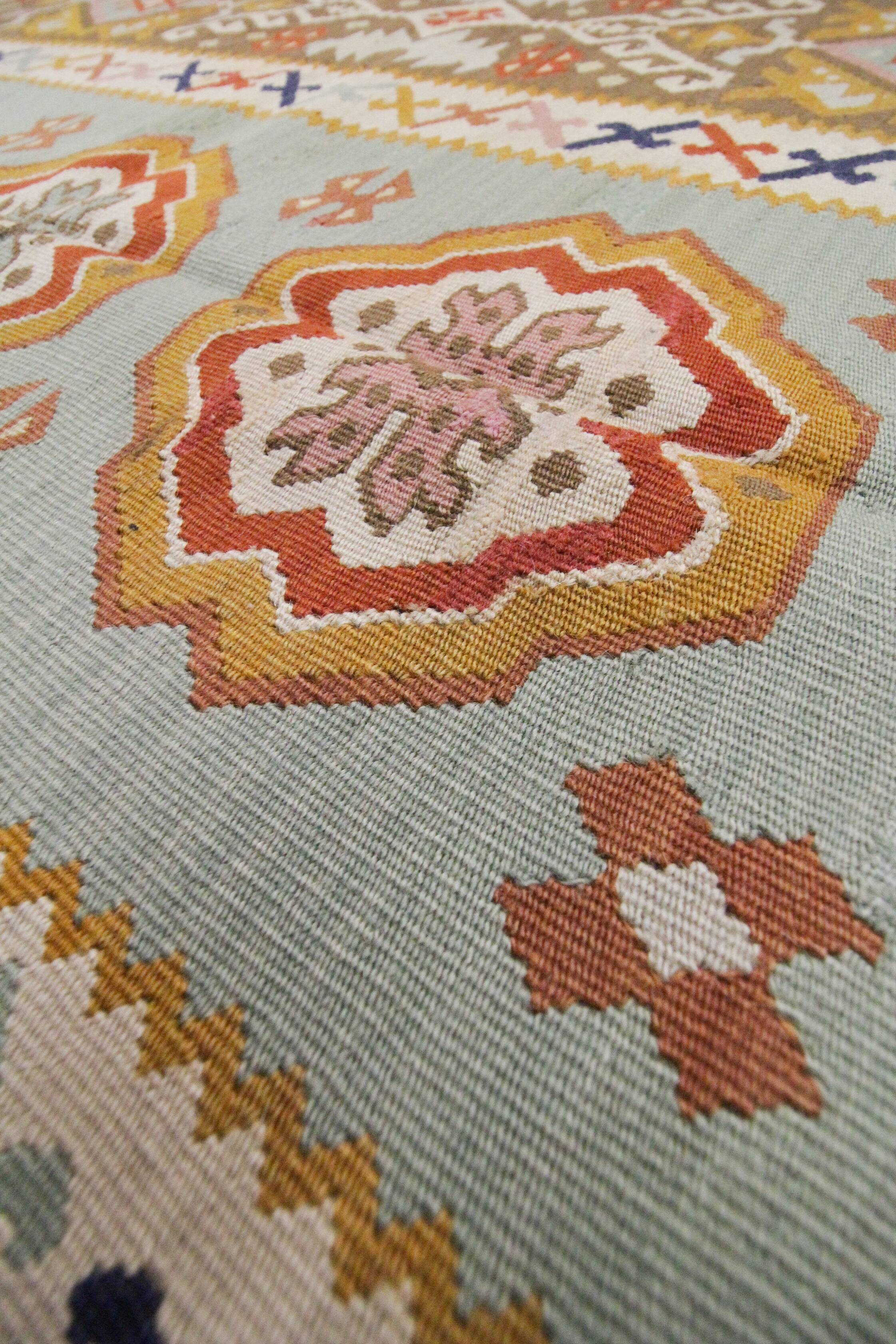 Antique Anatolian Kilim Rug, Turquoise Blue & Mustard Flatweave 141x93 cm