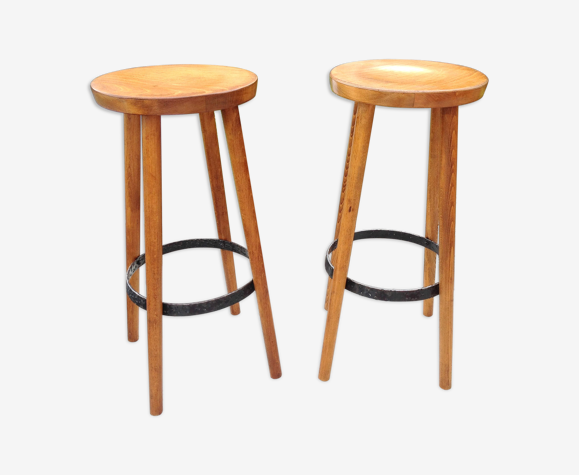 Pair of old wooden and metal bar stools 60/70s | Selency