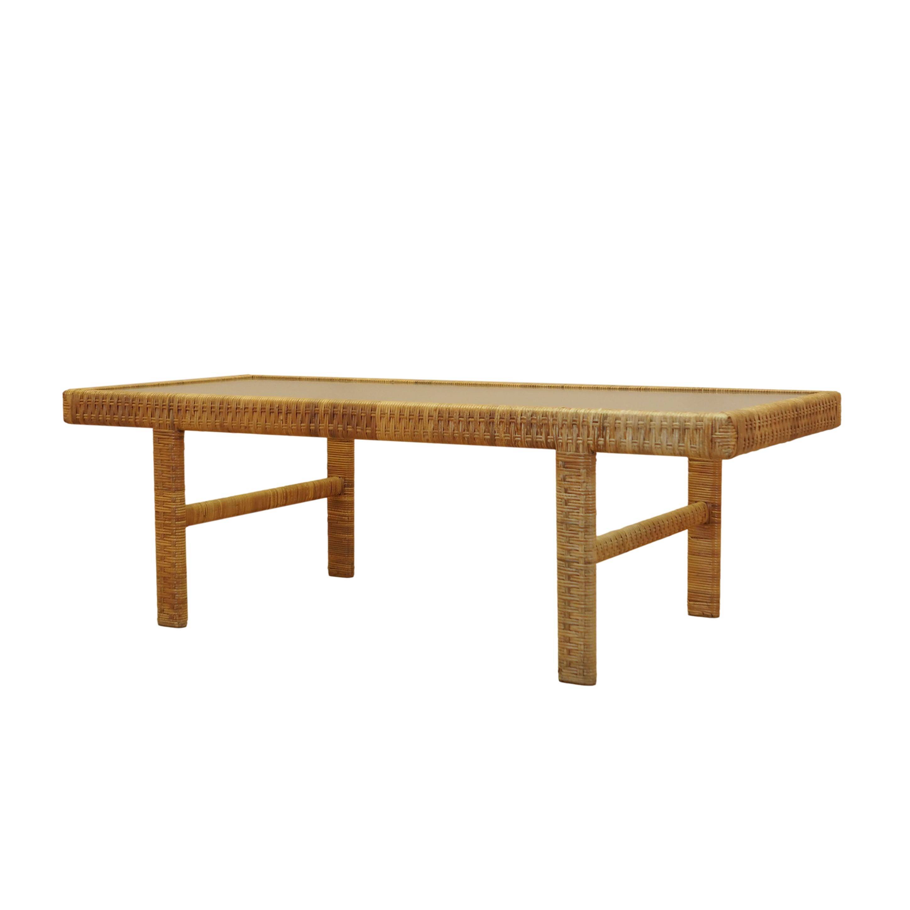 Glass and wicker side table, Danish design, 1970s, made in Denmark