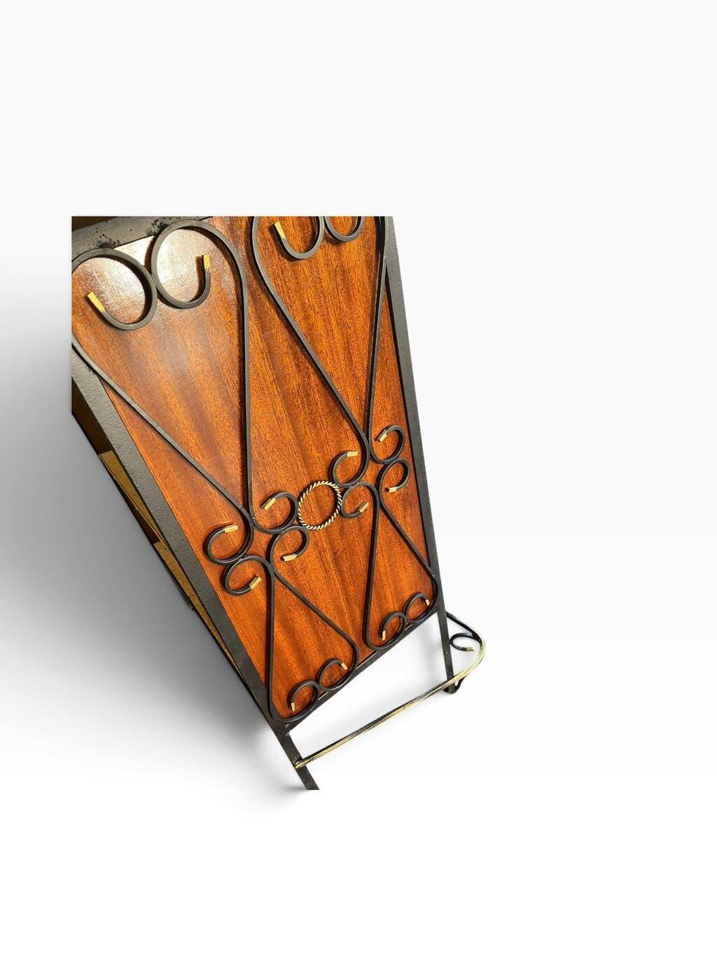 Vintage wooden bar counter with ceramic accents.