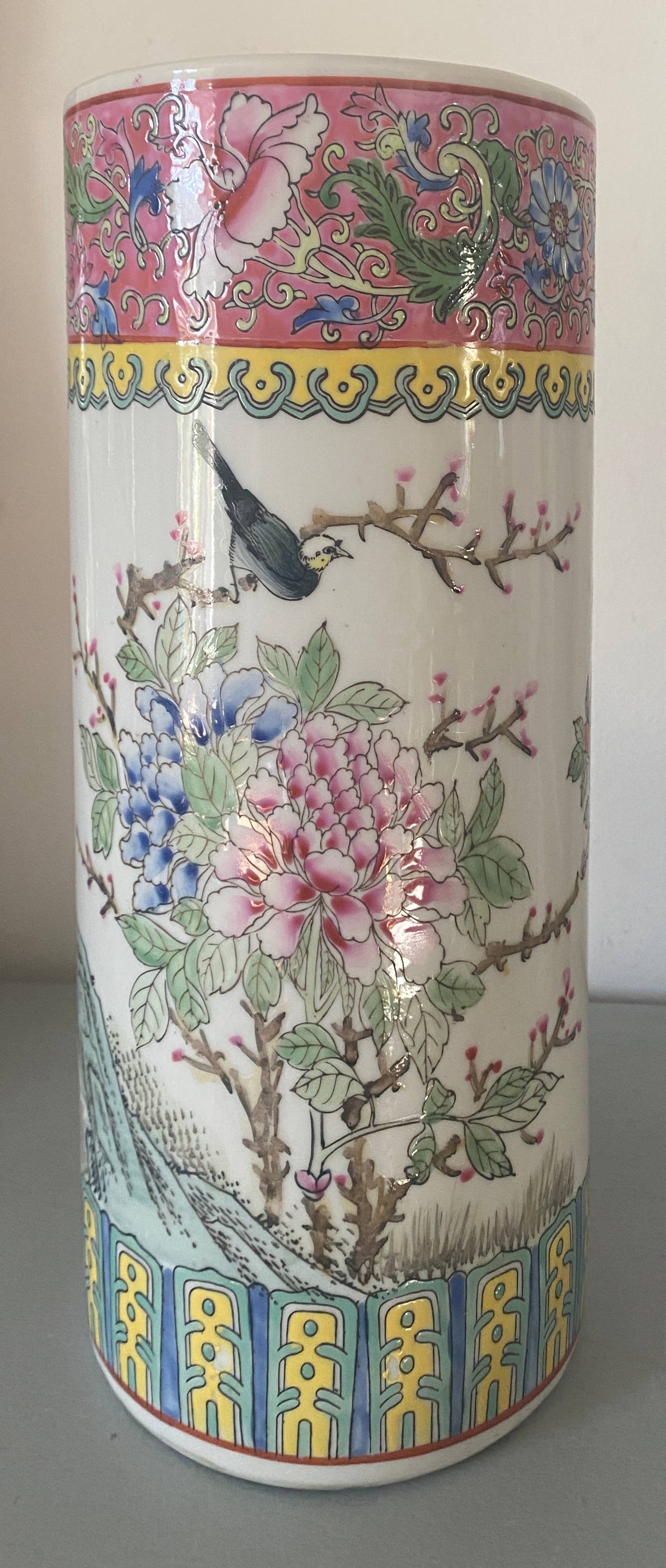 Vase enamelled ceramic roll china decorations of flowers birds Signed