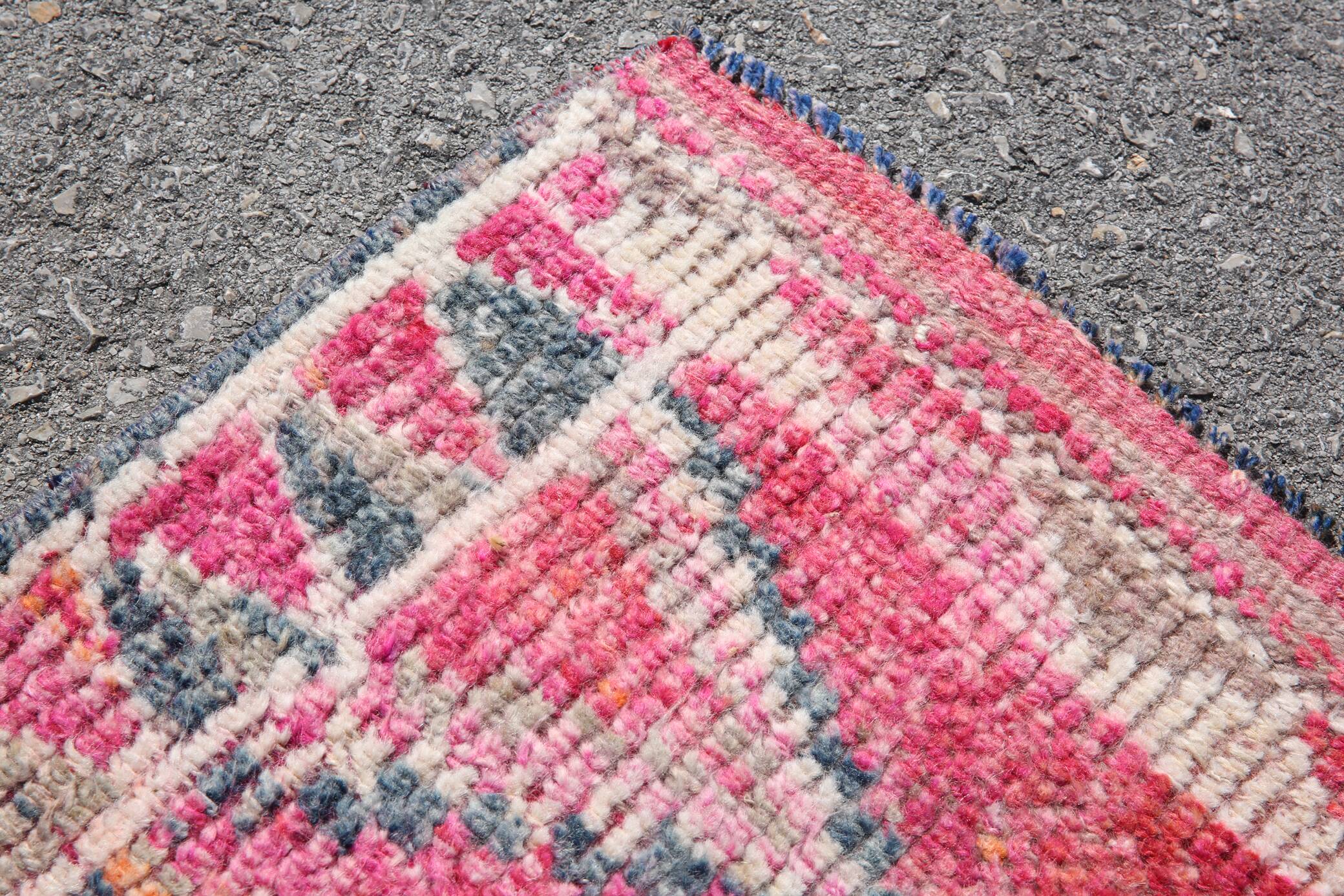 Hot Pink Turkish Runner Rug, Vintage Boho Hallway Carpet, 83x353 Cm