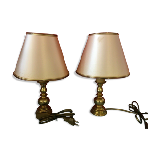 Pair of brass bedside lamps and vintage fabric lampshades