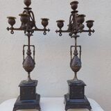 Large pair of 5-light candlesticks in spelter, complete, 19th century