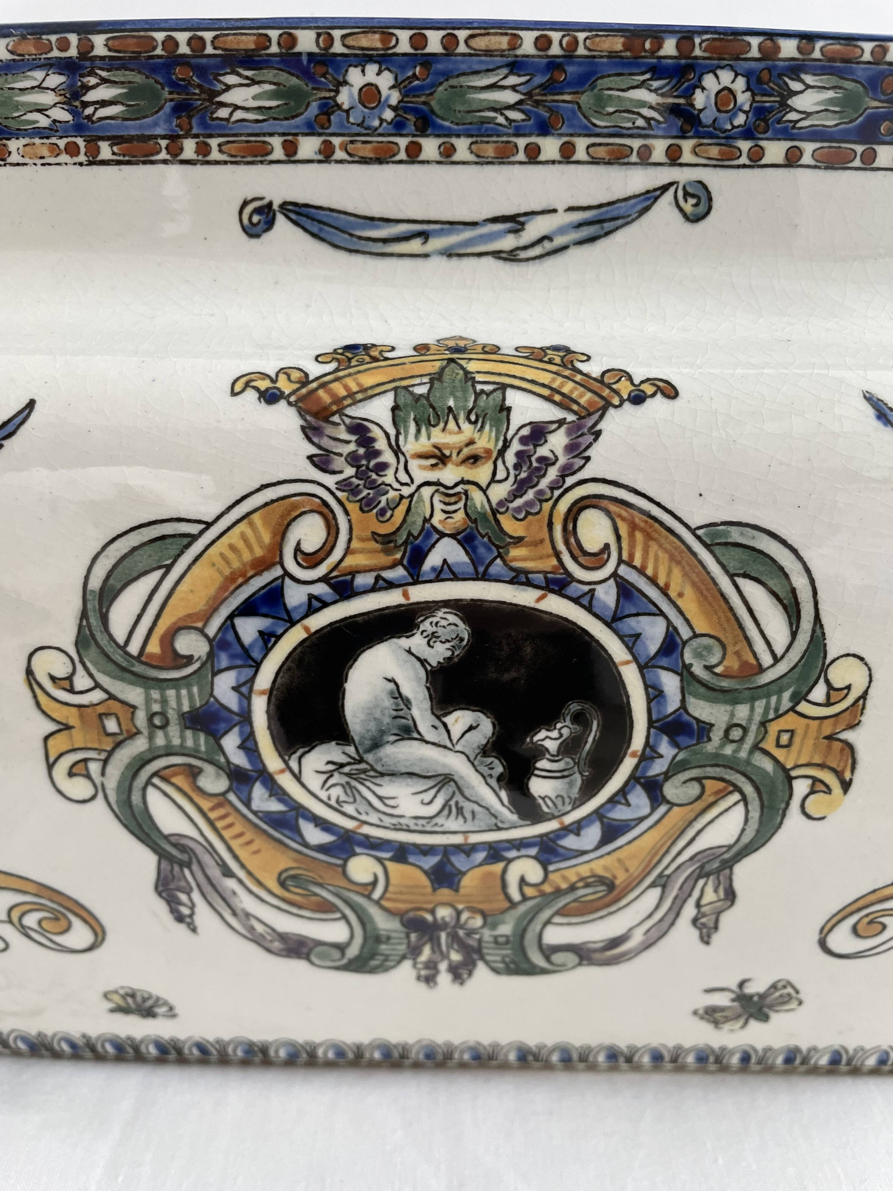 Planter, cache pot, Gien earthenware, rich decoration, Italian Renaissance, winged angel, antique decoration