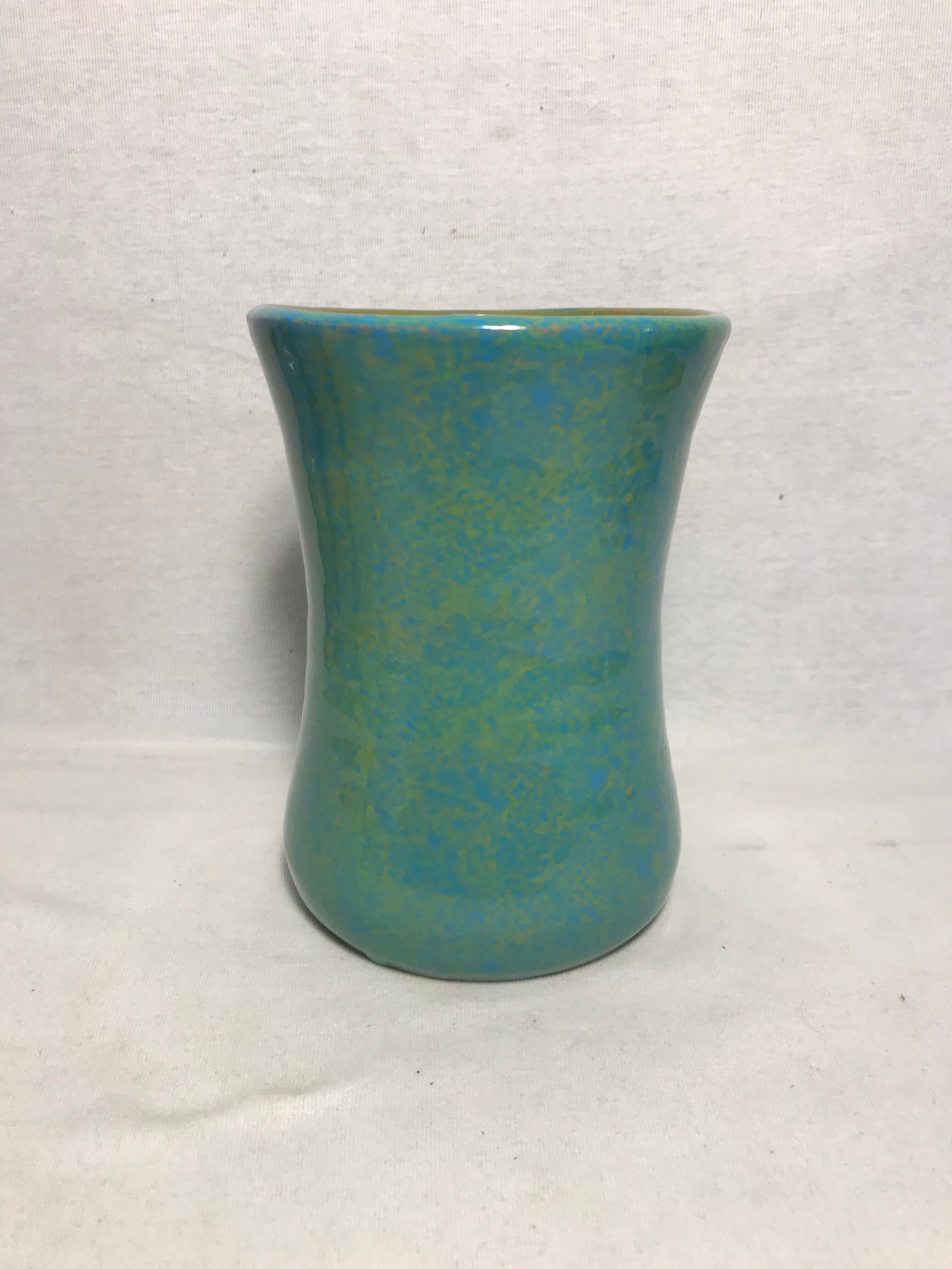 Old green blue decoration ceramic vase signed vintage