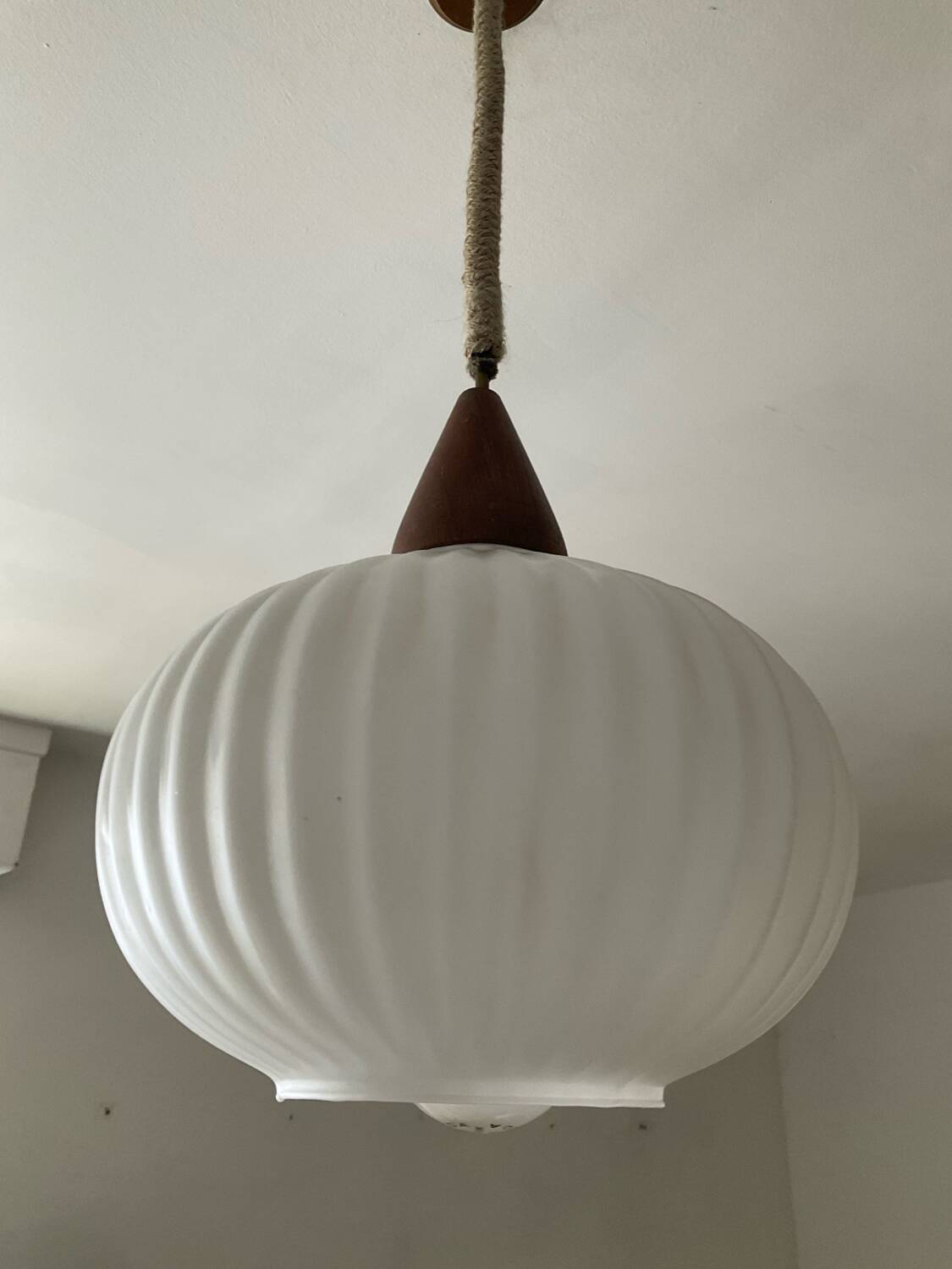 Louis Kalff pendant light in opaline and teak from the 1960s