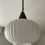 Louis Kalff pendant light in opaline and teak from the 1960s