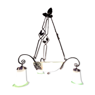 Magnificent Schneider chandelier with three branches - Opaline glass and metal