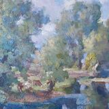Table ec. French HSP “Edge of pond with trees” signed (to be deciphered)
