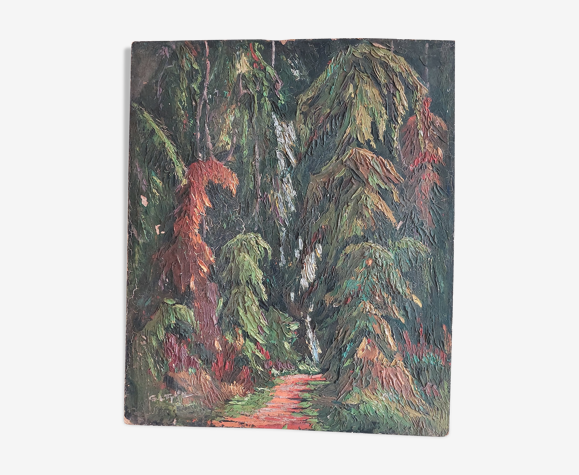 Tableau peinture huile sur panneau paysage forêt milieu XXème