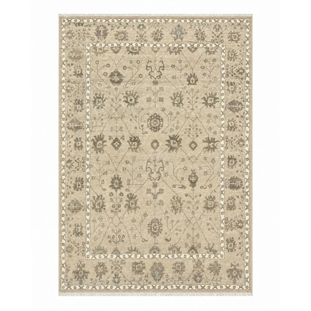 Hand-Knotted Wool Area Rug, Beige Floral Design Carpet for Living Room