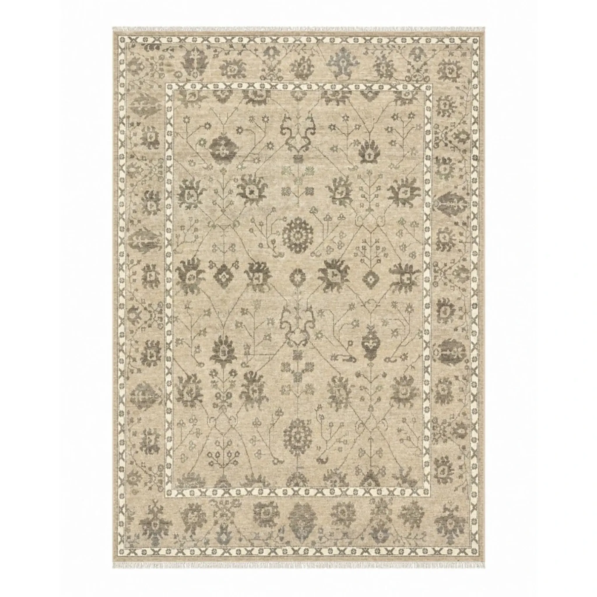 Hand-Knotted Wool Area Rug, Beige Floral Design Carpet for Living Room
