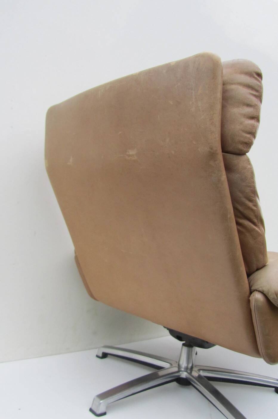Mid-century vintage high back leather Swivel Armchair with Ottoman, 1970s