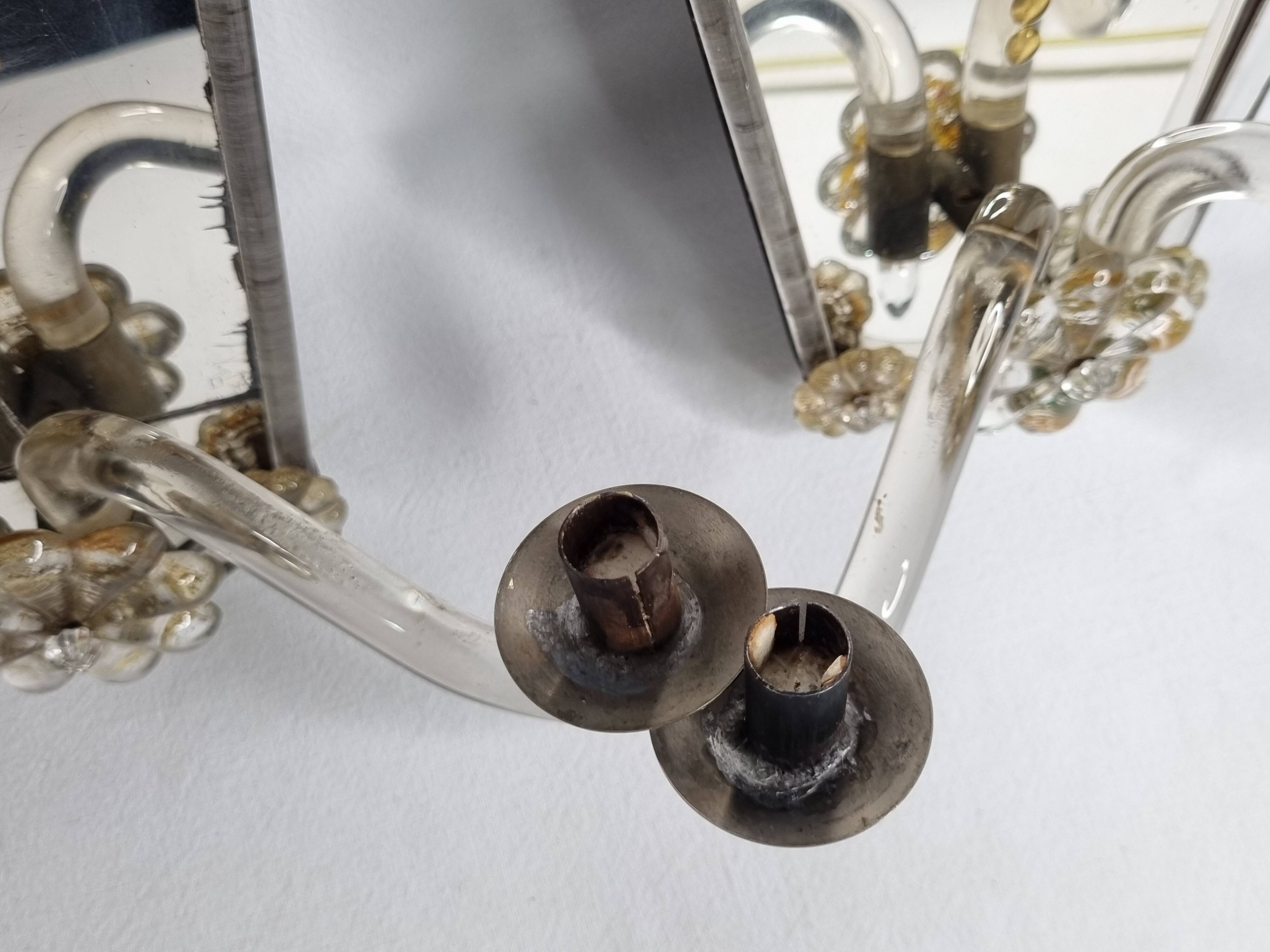 Pair of antique Murano wall lights with gilded engraved mirror, Italy, 19th century