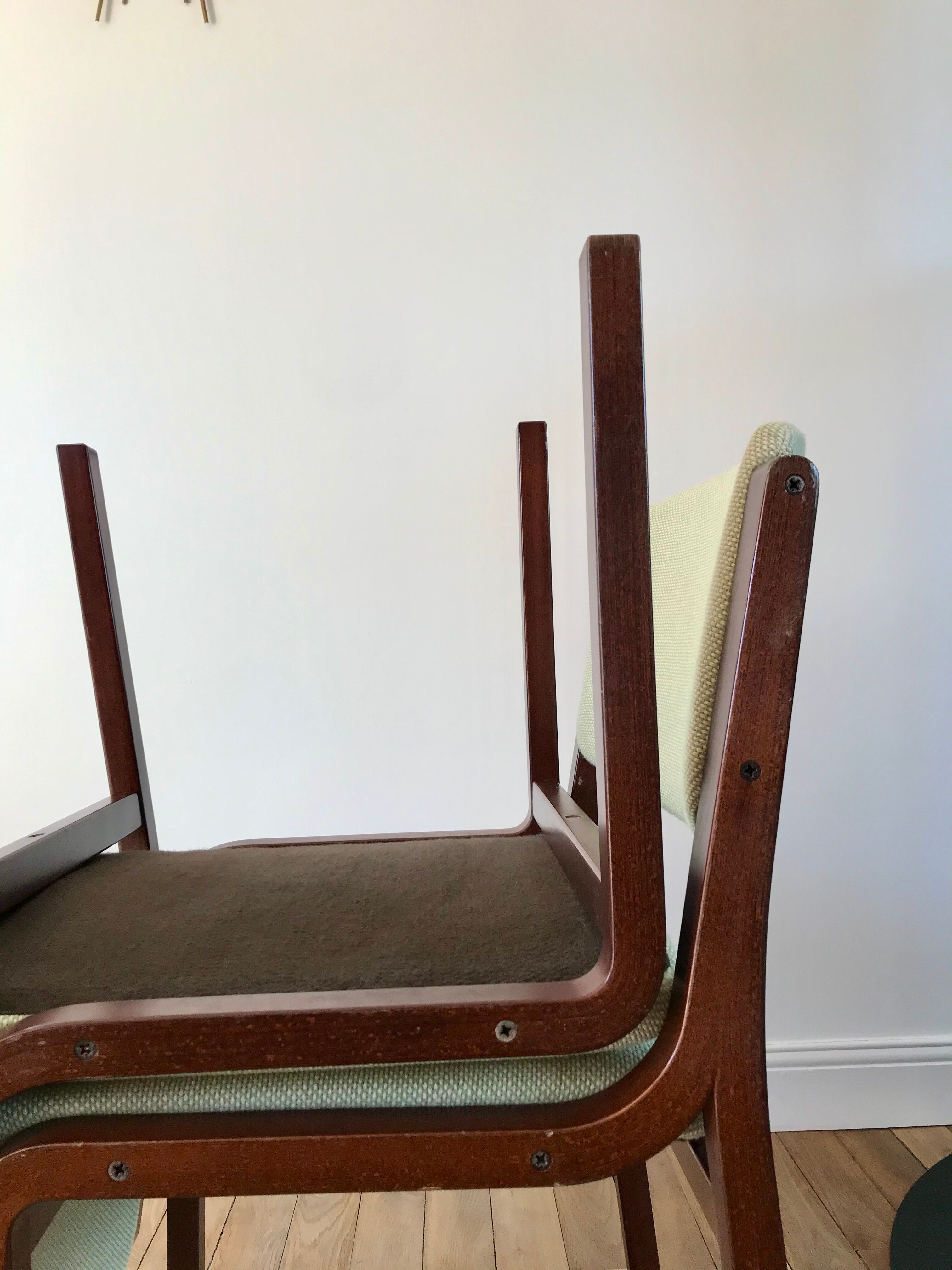 Pair of wooden armchairs and green and ecru fabrics 70s